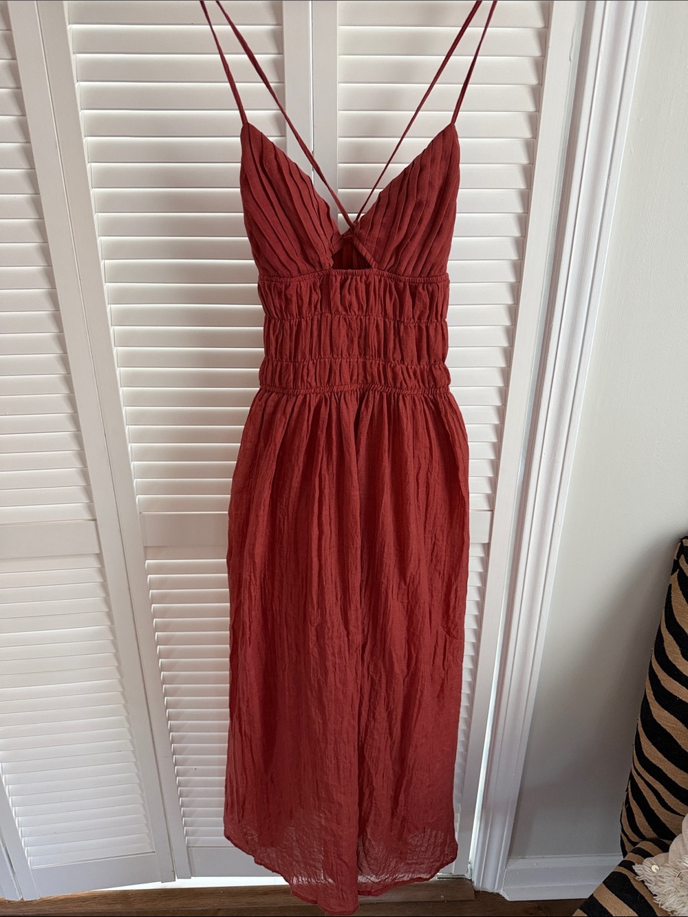 Moon River Rust Red Smocked Midi Dress with Spaghetti Straps